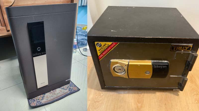 Kỹ thuật viên kiểm tra bảng điều khiển két vân tay để xác định lỗi không nhận vân tay. Hình ảnh minh họa và không bao gồm thao tác mở.