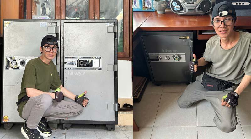 Thợ kiểm tra bảng điều khiển két sắt khi nhập mã đúng nhưng không mở. Hình ảnh minh họa và không bao gồm thao tác mở.