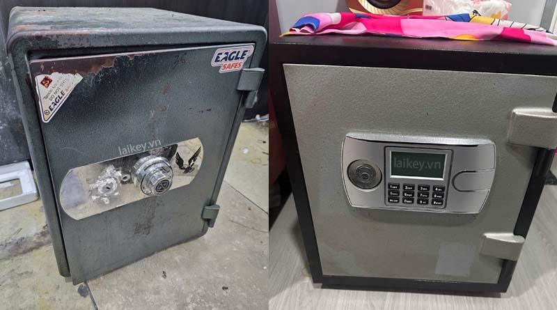 Kỹ thuật viên kiểm tra bản lề chịu lực của két Eagle nhằm phát hiện mài mòn hoặc lệch trục. Hình ảnh minh họa và không bao gồm thao tác mở.