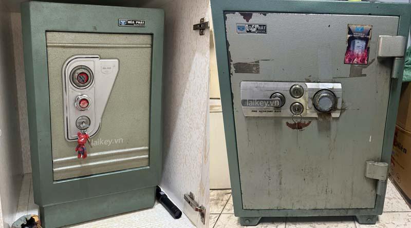 Thợ khóa đánh giá bảng điều khiển hoặc mặt số két Hòa Phát khi khách phản ánh tình trạng nhập mã không mở. Hình ảnh minh họa và không bao gồm thao tác mở.