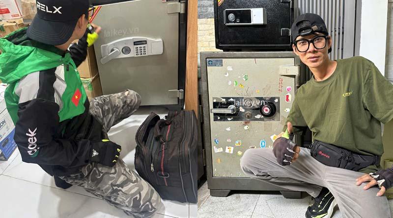 Thợ khóa trao đổi với khách hàng về tình trạng két Việt Tiệp và hướng kiểm tra an toàn phù hợp. Hình ảnh minh họa và không bao gồm thao tác mở.